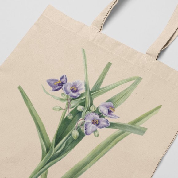 Virginia Spiderwort Vintage Watercolor Floral Print Graphic Canvas Tote Bag - Picture 3 of 5